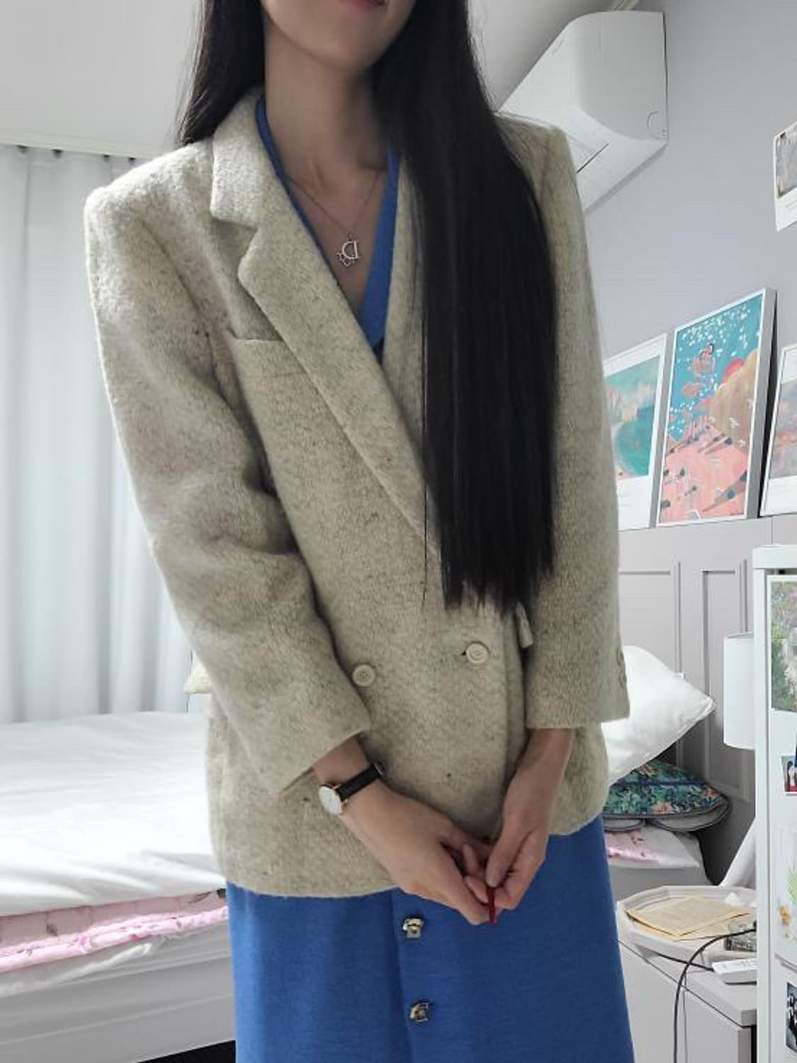 ST.JOHN 세인트존 센존 브이넥 니트원피스 카라원피스 반팔원피스 블루 상품이미지10