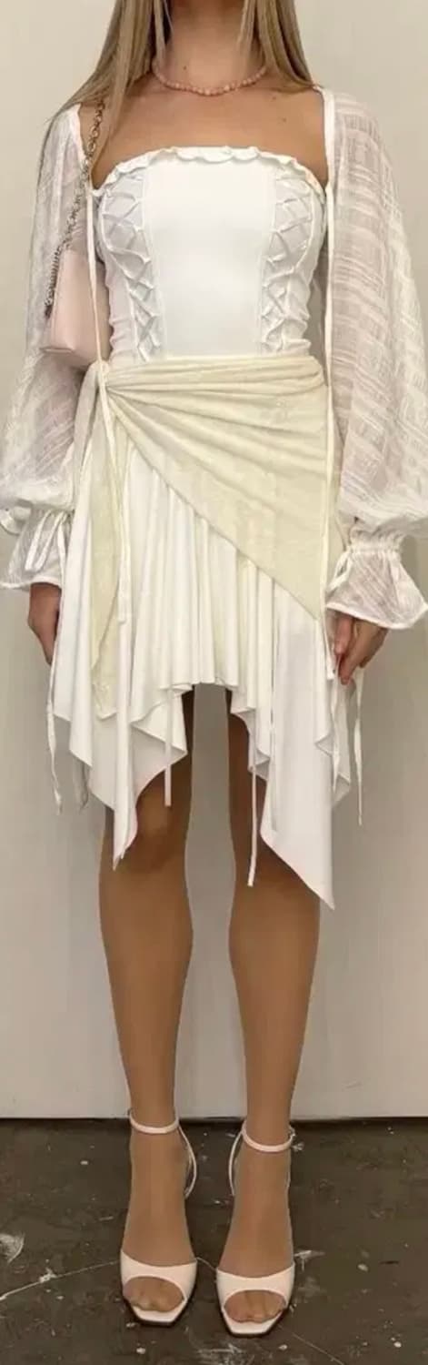 쓰리타임즈 스트래치 레이스업 드레스 화이트 S 쓰탐 상품이미지3