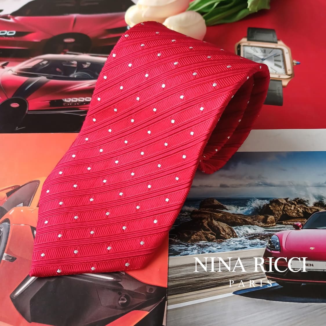 니나리치 실크 레드 마이크로 도트 넥타이 9.2cm A+등급 A18923 상품이미지1