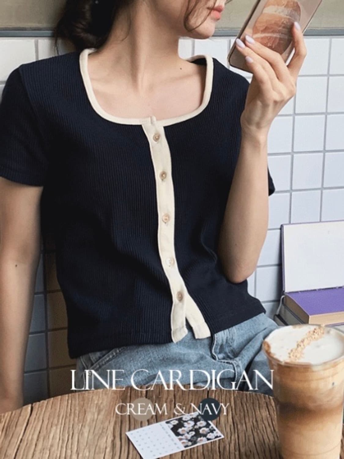 슬로우앤드 너티 스퀘어 골지가디건 네이비 반팔 봄옷 니트 상품이미지1