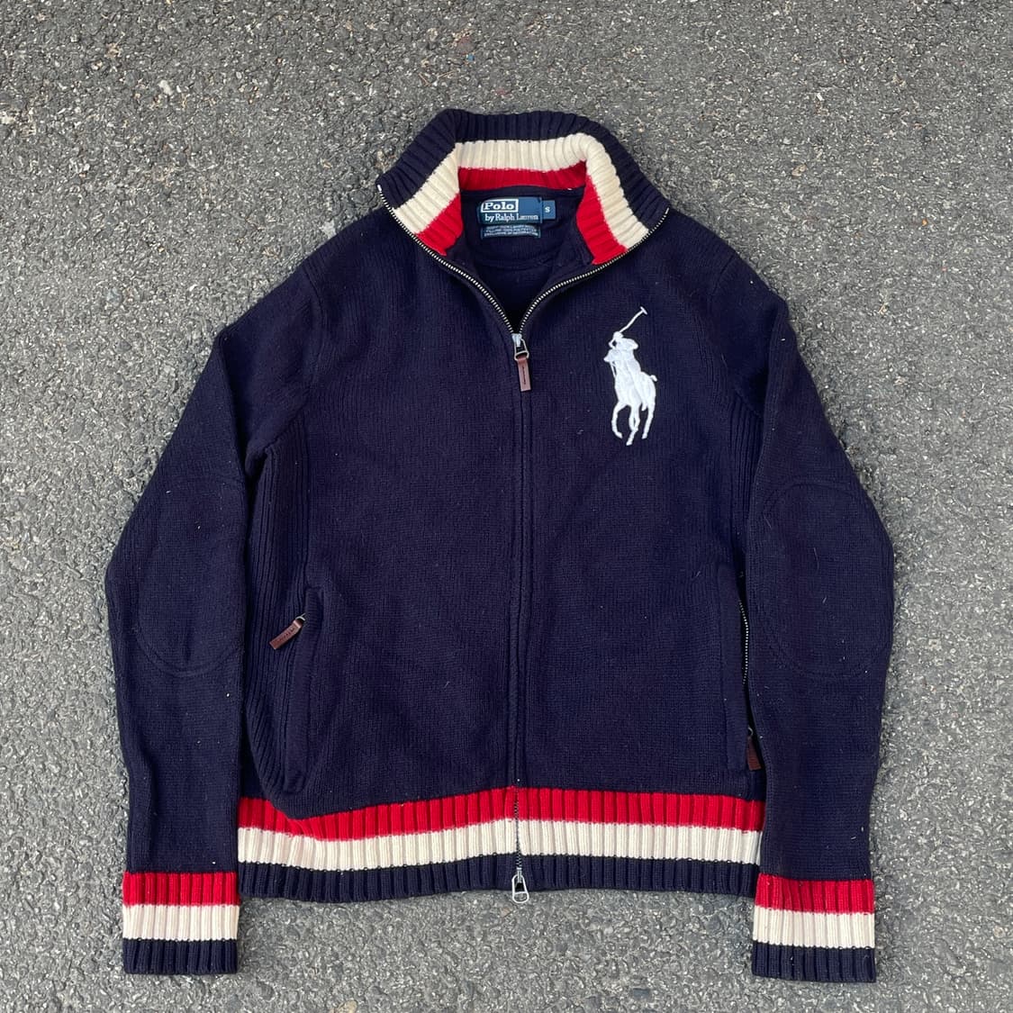 두산 폴로 빅포니 네이비 니트 집업 져지 트랙탑 가디건 S 상품이미지3