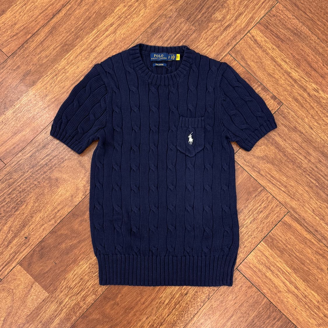 여성용 S 폴로 랄프로렌 네이비 피마코튼 케이블 반팔 니트  상품이미지1