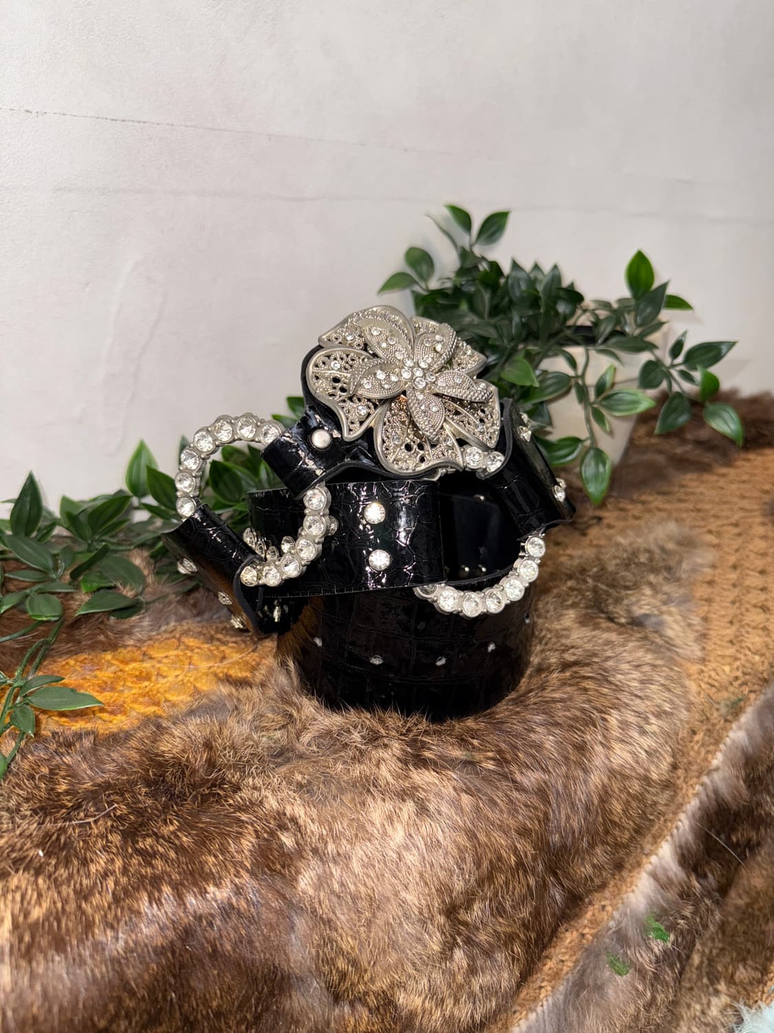 Black oriental flower cubic buckle belt 상품이미지2