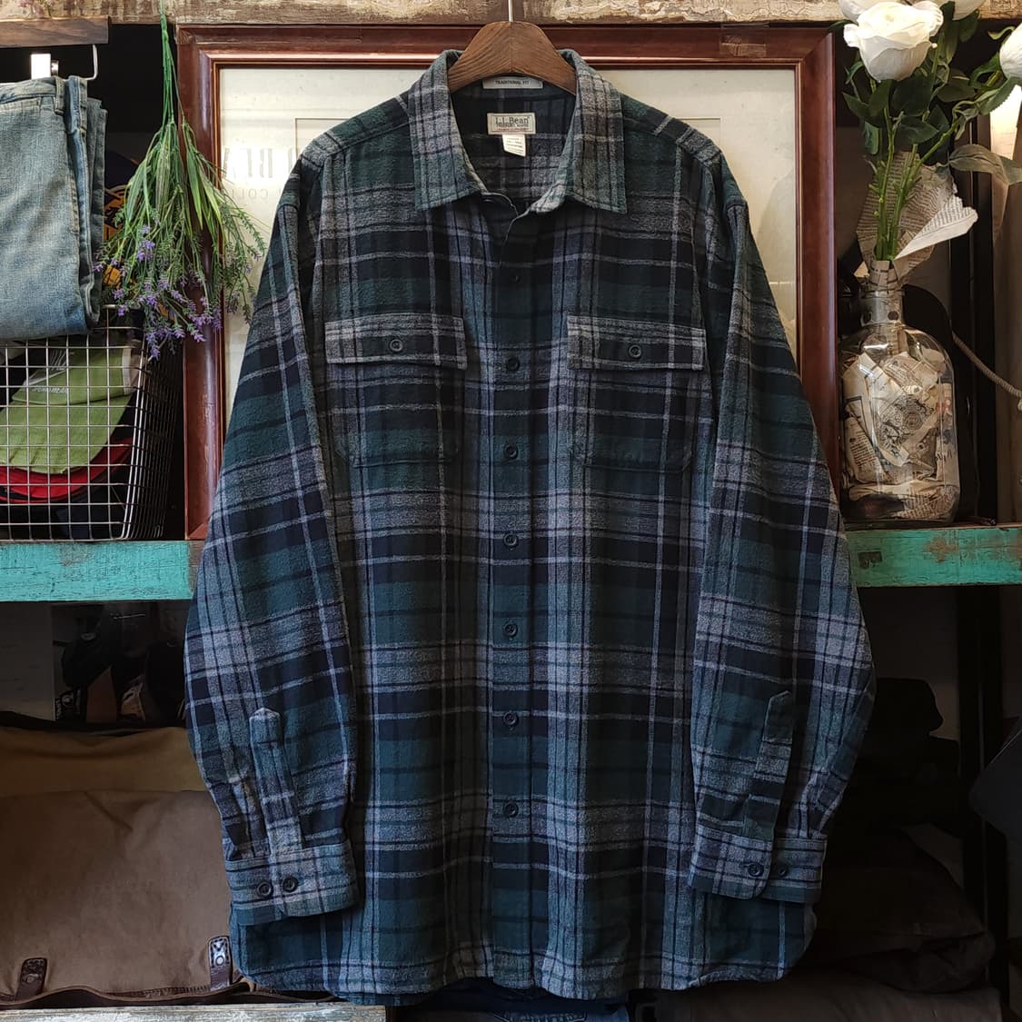 90s 엘엘빈 샤모아 워크셔츠 체크셔츠 플란넬 셔츠 헤비코튼 그린 xxl 상품이미지1