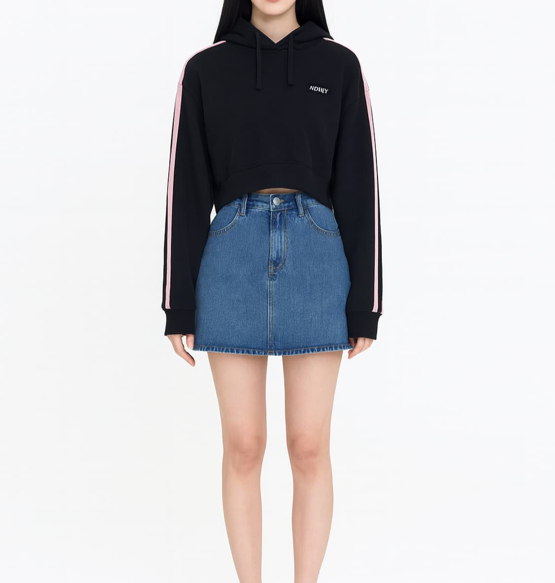 널디 NERDY 검정색 핑크라인 크롭 후드티_S 상품이미지1