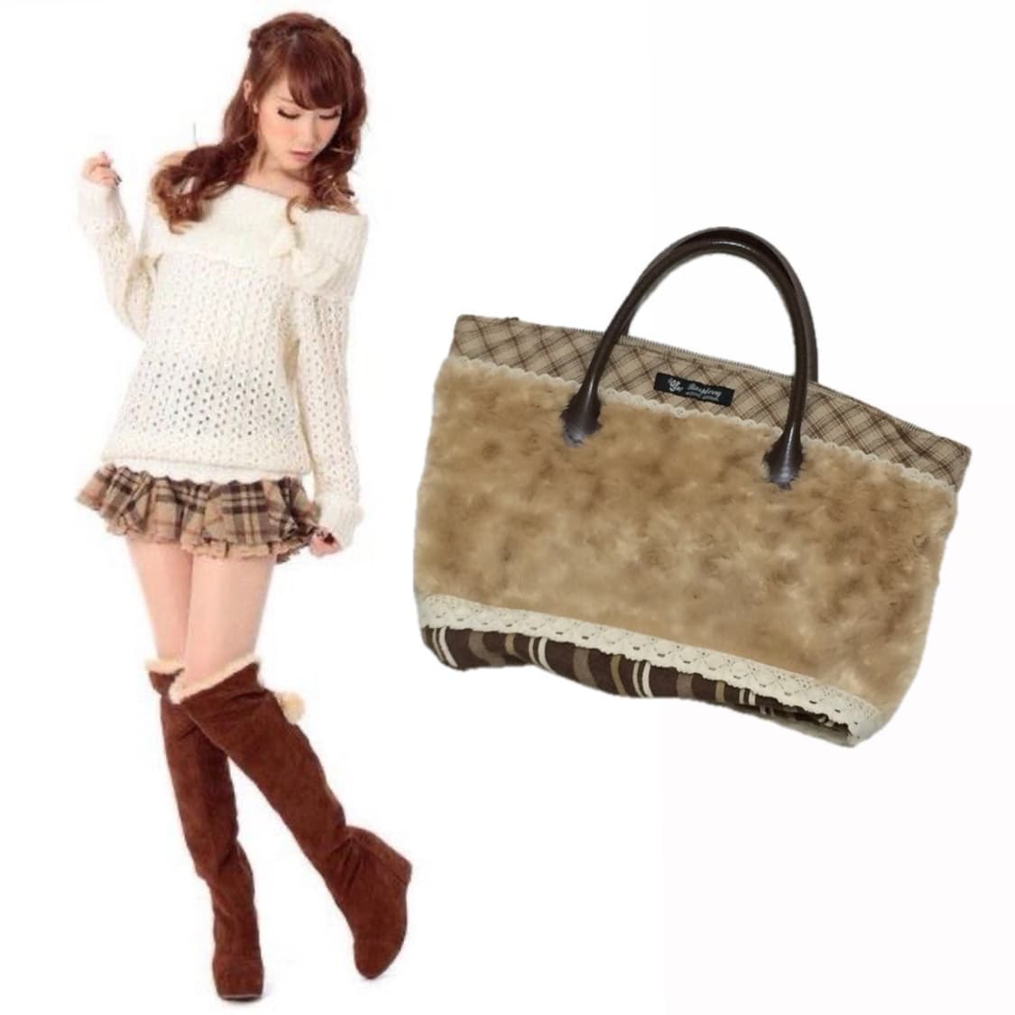 빈티지 라떼갸루 체크 패턴 레이스 퍼 토트백 상품이미지1