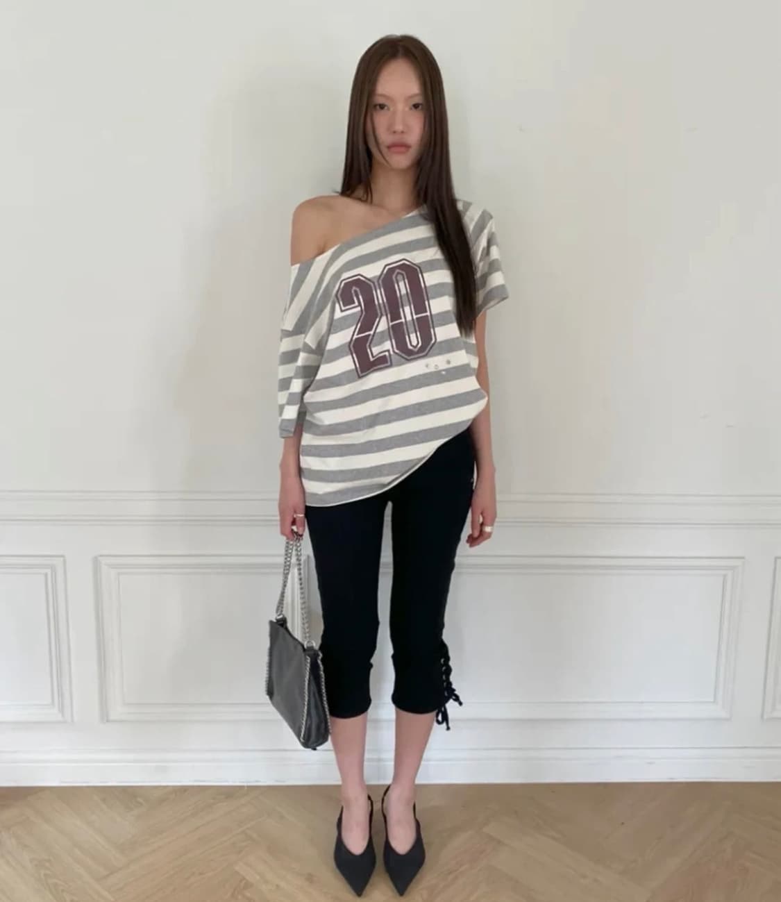 밀로우먼 오프숄더 스트라이프 티셔츠 (멜란지 그레이) 상품이미지2