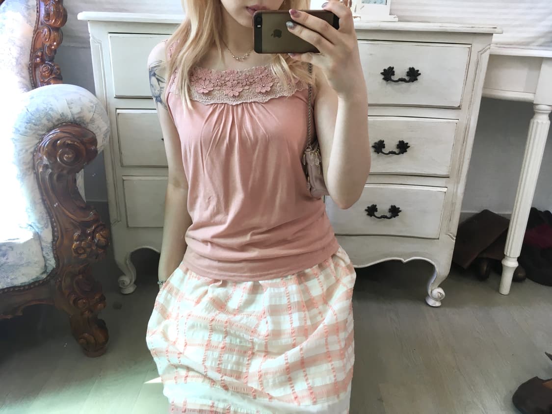 axes femme 핑크 크로셰 레이스 슬리브리스 상품이미지2
