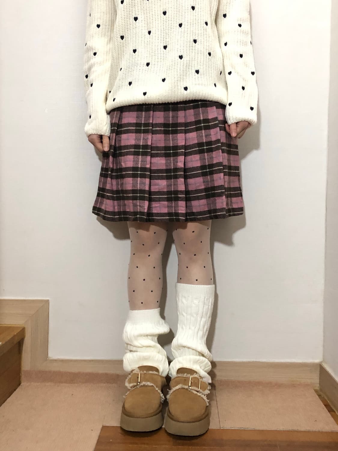 빈티지 핑크 브라운 체크 패턴 스커트 상품이미지2