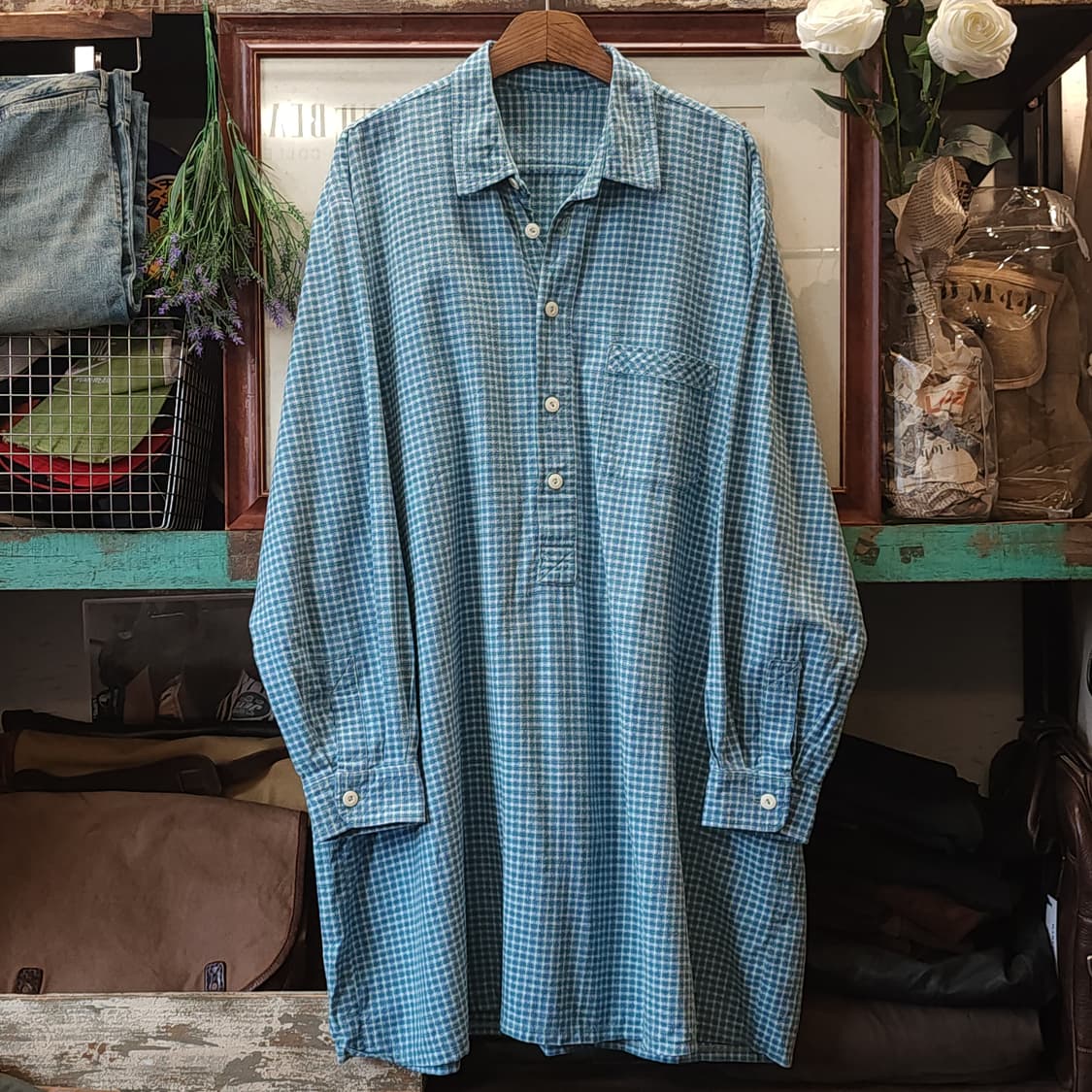 60s 프랑스 워크셔츠 가드너 빈티지 셔츠 그린 퍼플 롱 튜닉 셔츠 xl 상품이미지1