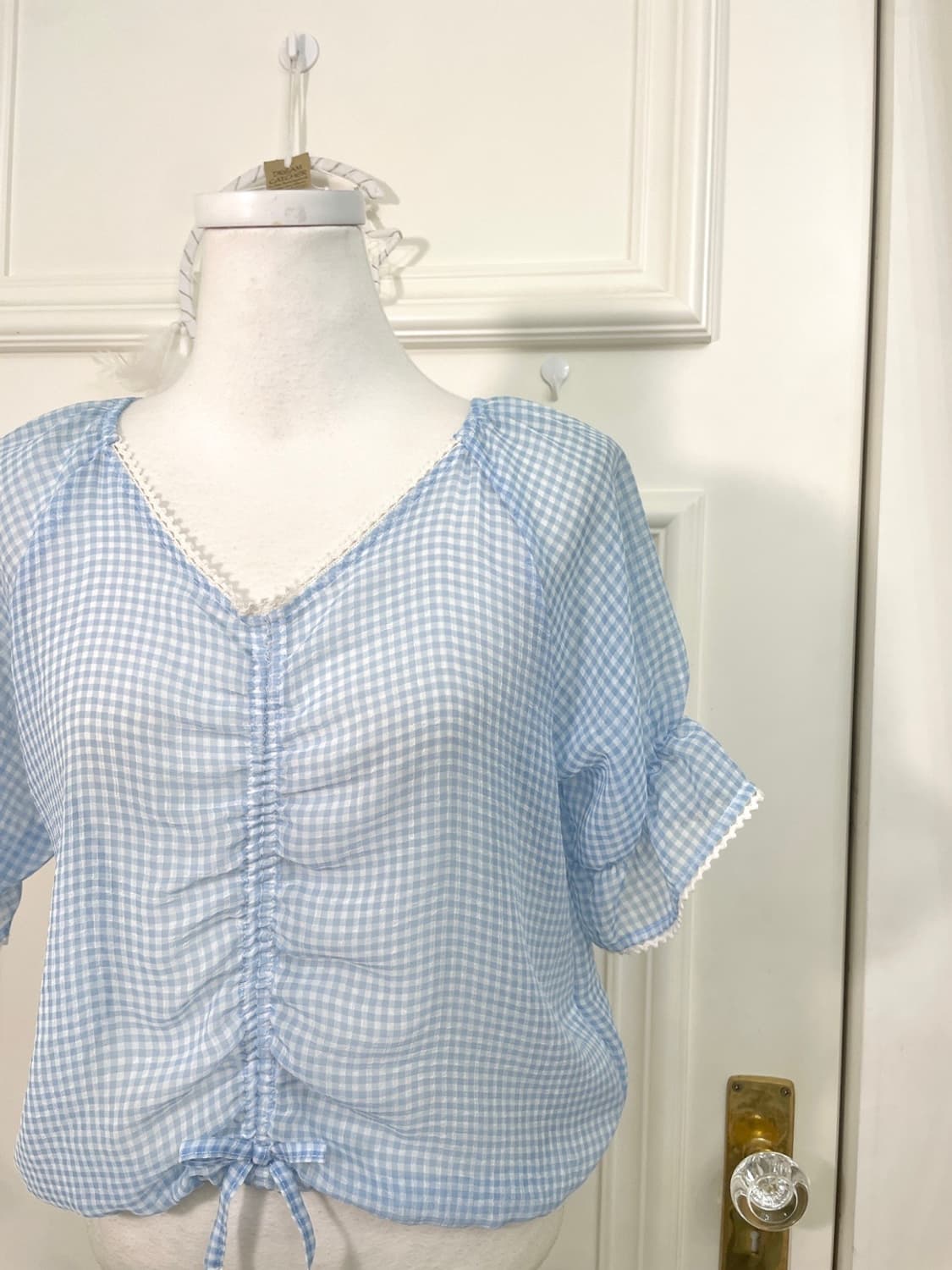 sky blue check shirring chiffon blouse 상품이미지6
