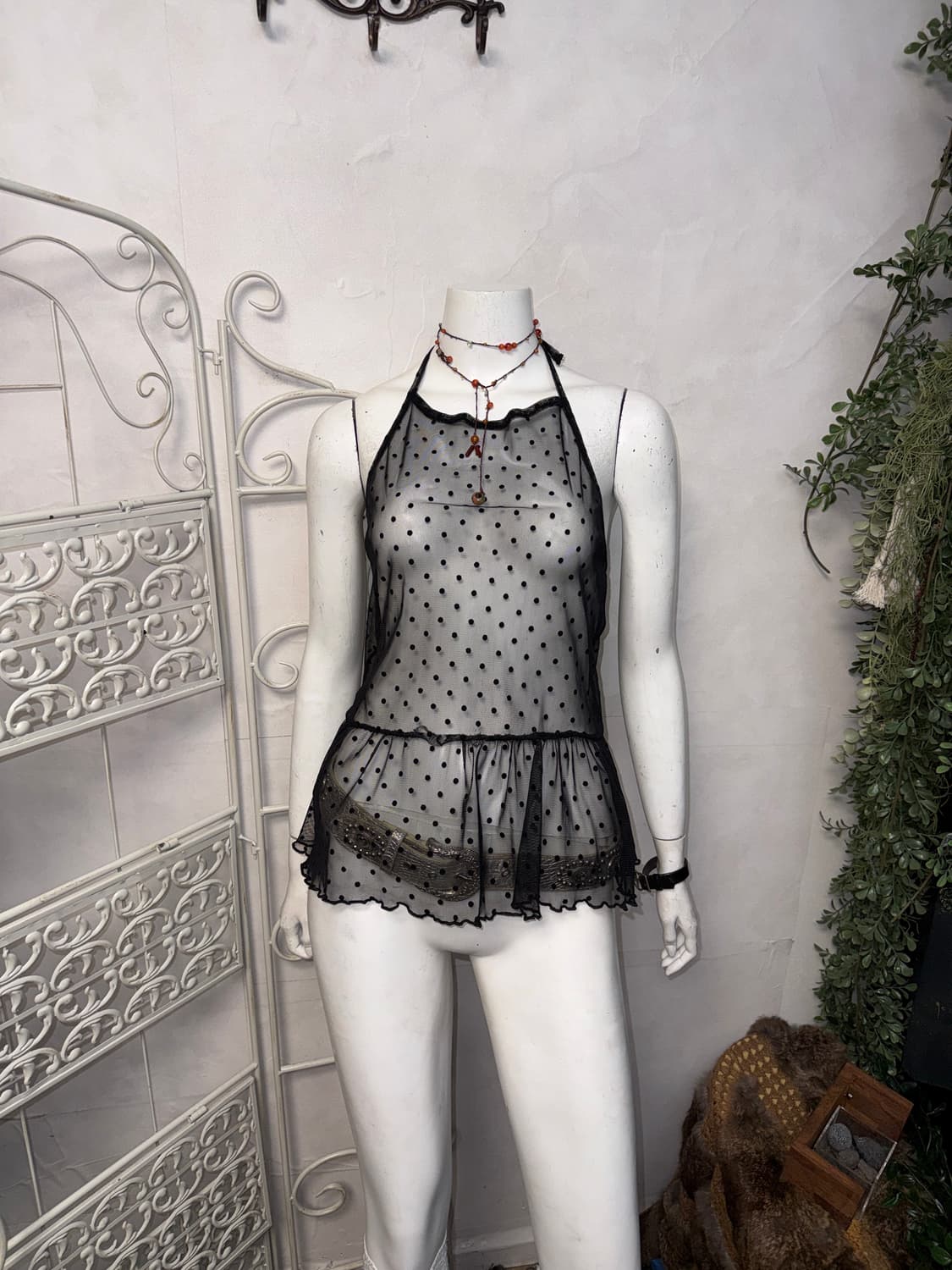 Black dot seethrough mesh halter 슬리브리스 상품이미지1