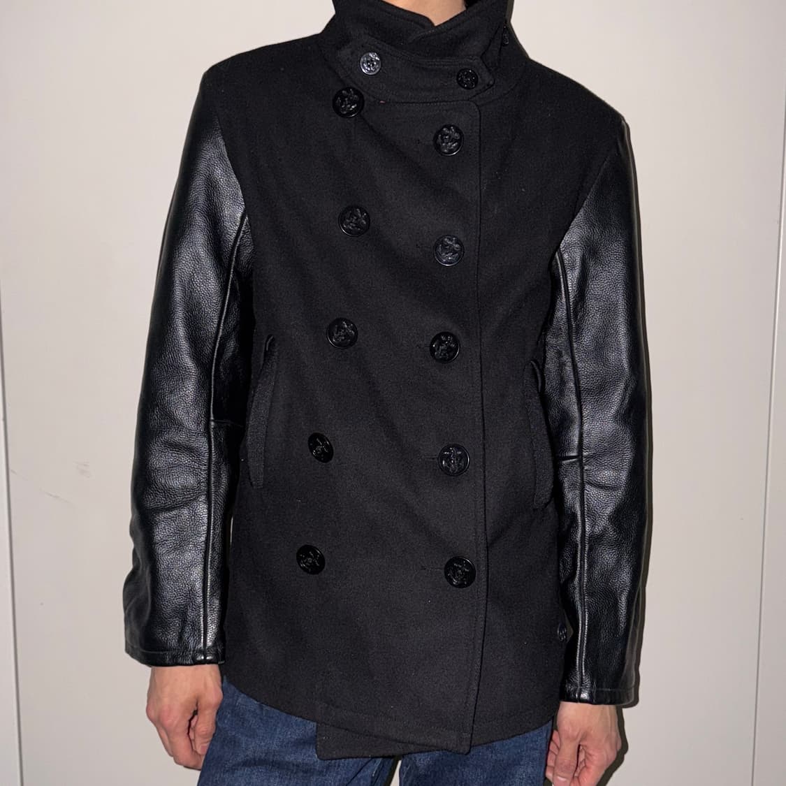 지스타로우 마크 뉴슨 레더 슬리브 피코트 상품이미지2