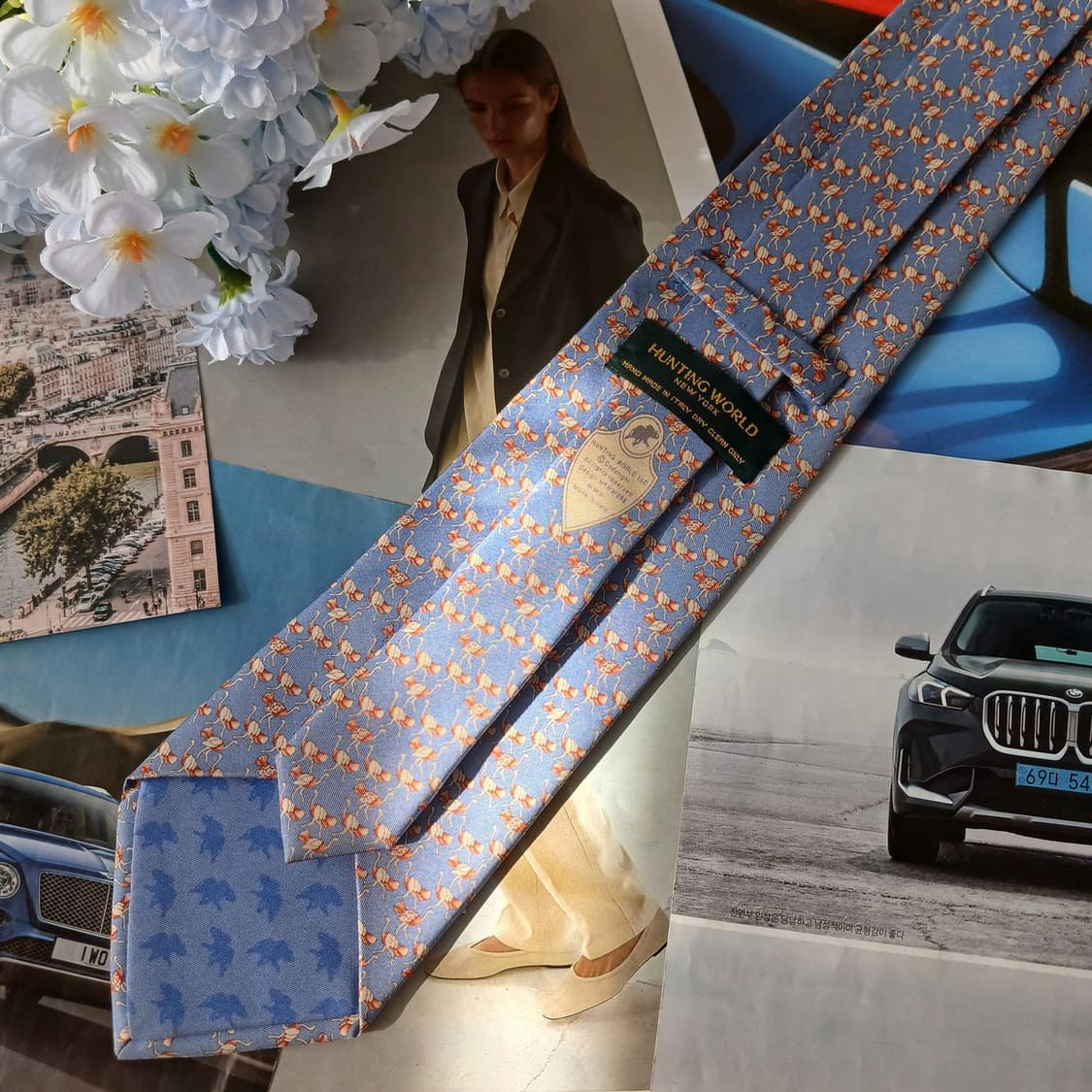 헌팅월드 실크 하늘색 홍학 모티브 넥타이 10cm A등급 A19663
 상품이미지4