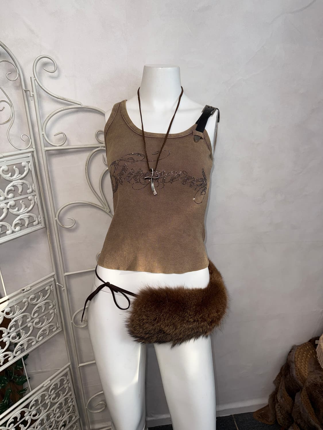 Brown y2k unbalance belted sleeveless 상품이미지4