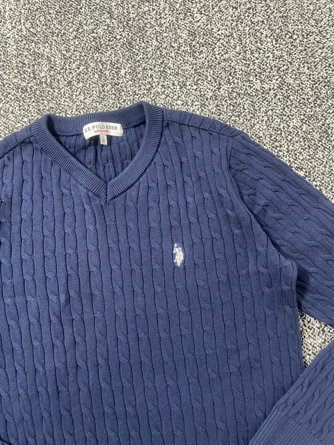 빈티지9. 유에스폴로에센 폴로 꽈배기 니트 스웨터 네이비 화이트 로고 상품이미지2