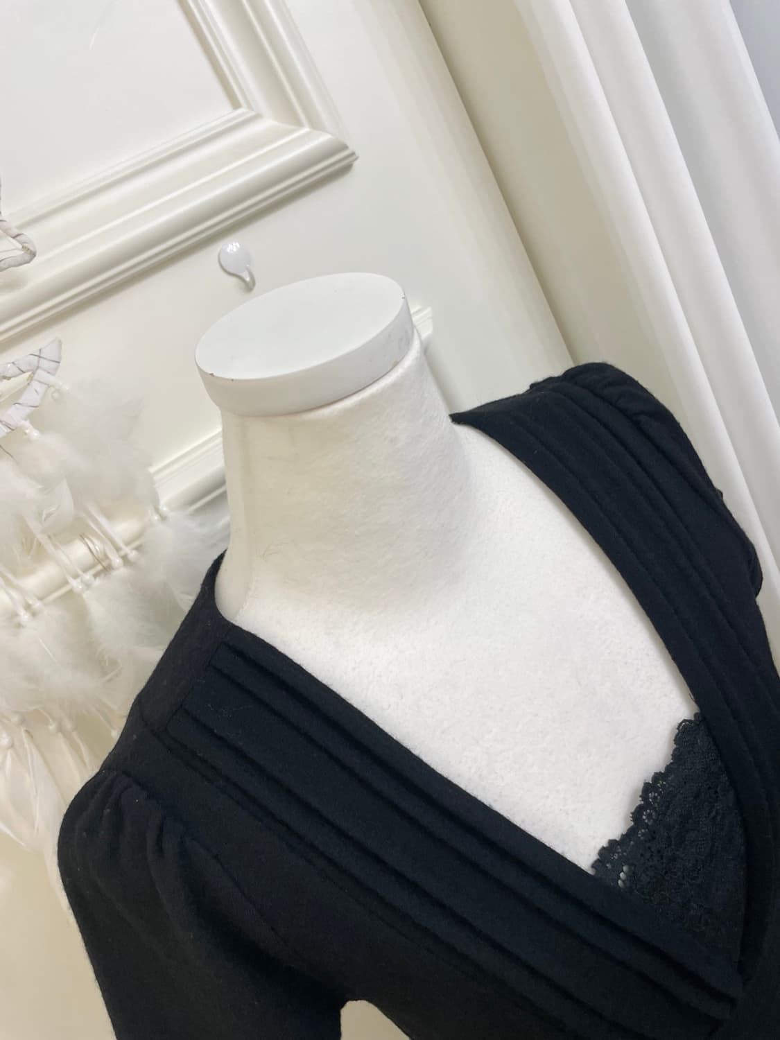 black 100% wool lace trim pleats long op 상품이미지7