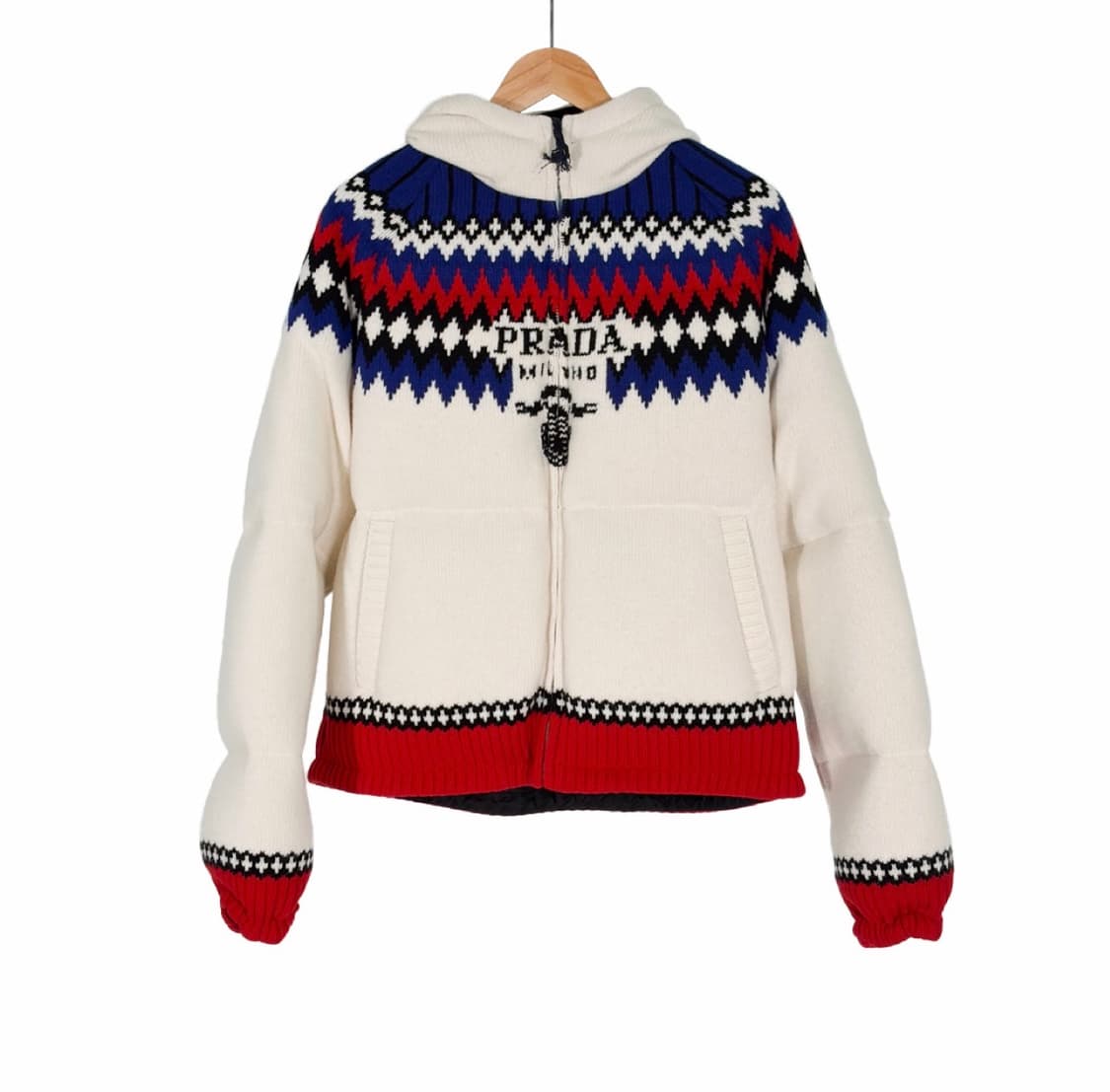 [M] 프라다 자수로고 울 캐시미어 니트 다운 후드 패딩 자켓 화이트 상품이미지1