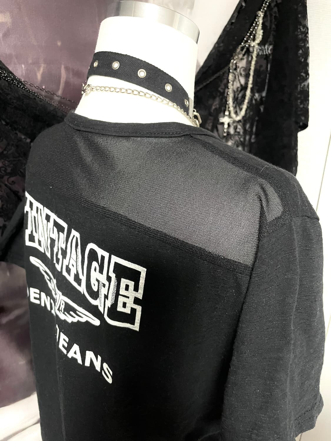 00s 레이어드 메쉬 반팔 지퍼디테일 빈티지레터링티셔츠 펑크갸루핀터emo 상품이미지5