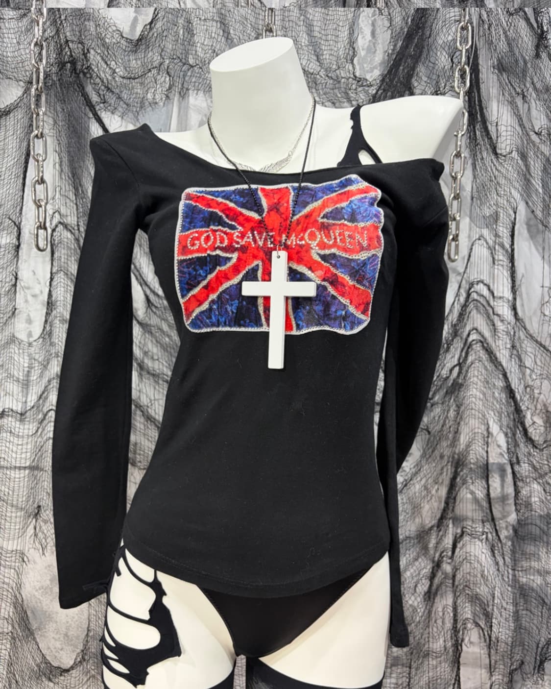 Y2K velvet union jack off-shoulder 상품이미지6