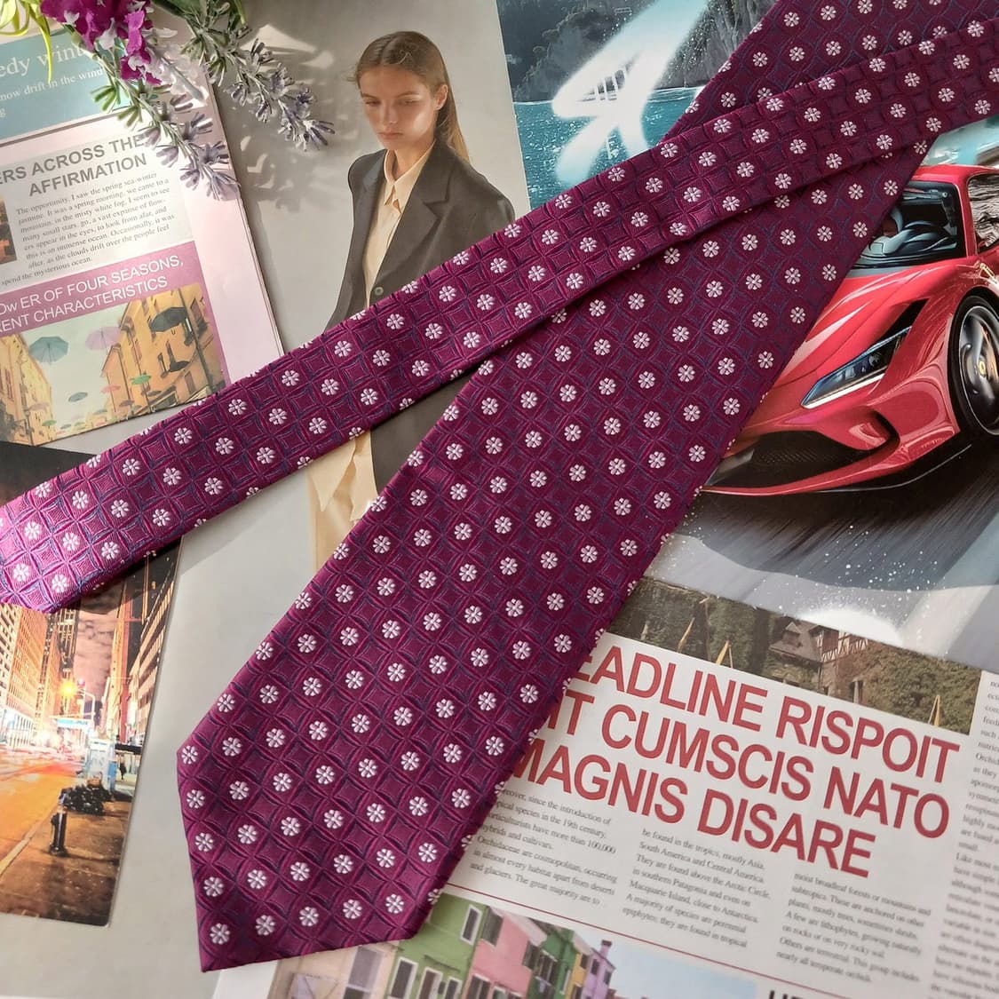 아쿠아스큐텀 실크 퍼플 플라워 패턴 넥타이 9.1cm 새제품 A19289 상품이미지5