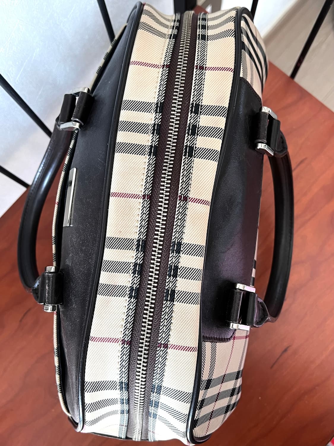 2000s Burberry 베이지 노바 체크 브라운 트리밍 보스턴 토트백 상품이미지9