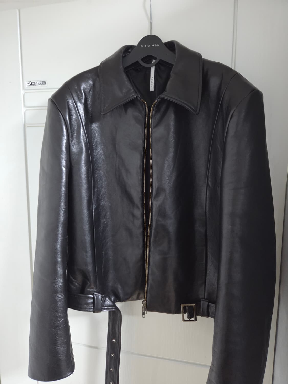 52)노이어 x KKST 램스킨 벨티트 크롭 가죽자켓 상품이미지1