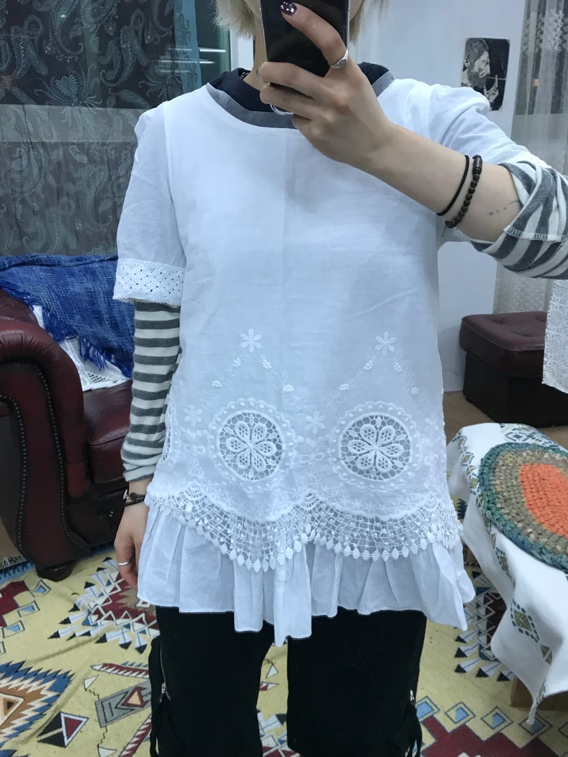 빈티지 여성 레이스 레이어드 반팔 블라우스 (Z1076) 상품이미지1