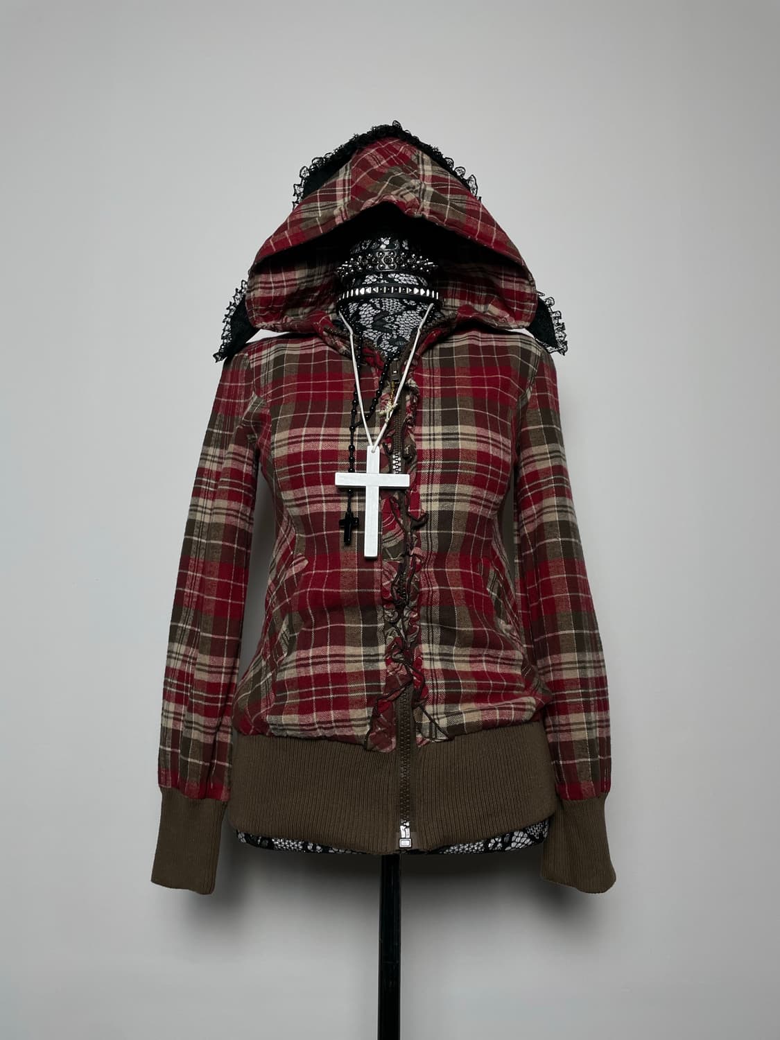 LIZLISA  리즈리사 레드 브라운 체크 패턴 후드집업 상품이미지2