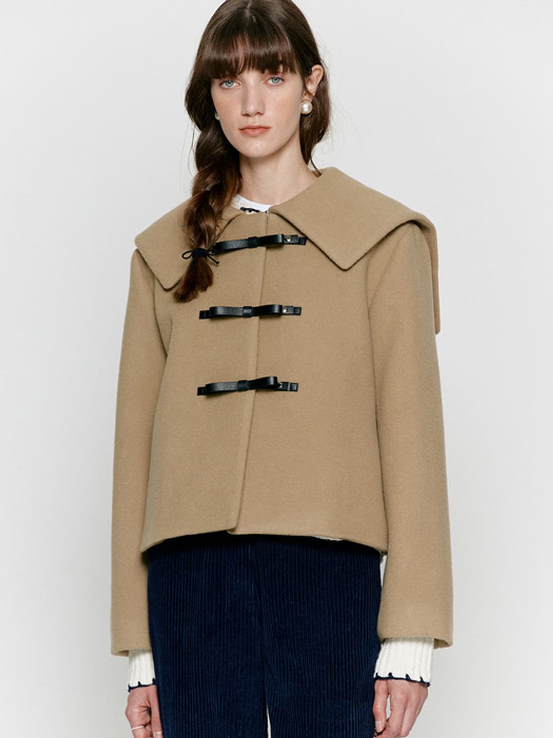 비뮤즈맨션 리본 하프코트 베이지 상품이미지1