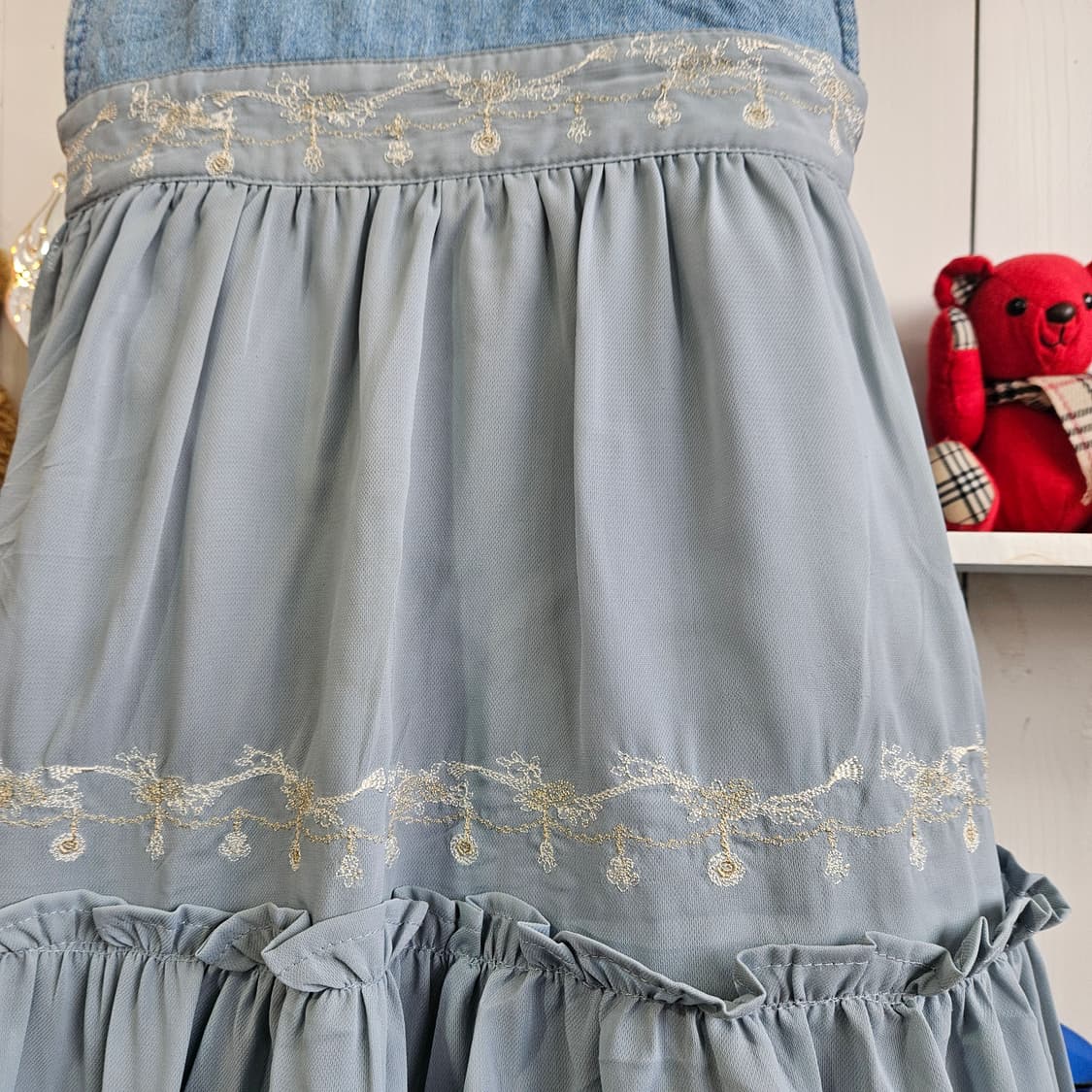 (Axes Femme) 하늘빛 데님 쉬폰 멜빵 롱원피스 상품이미지5