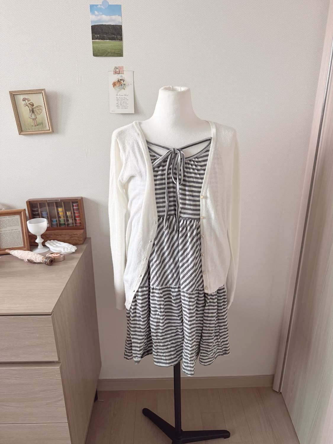 스트라이프 원피스+아이보리가디건 상품이미지1