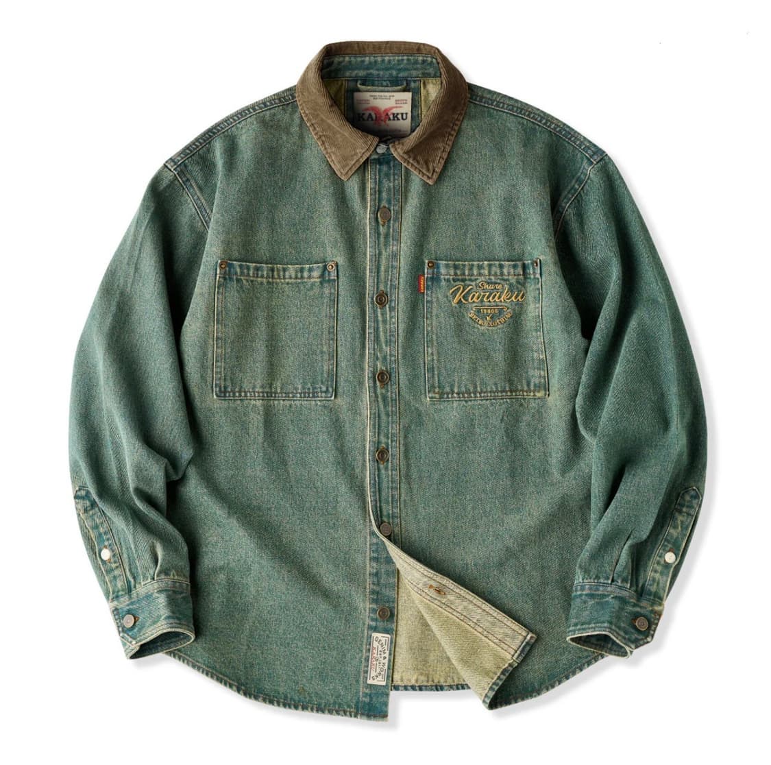 옷깃·코듀로이 배색 레트로 프린트 데님 워크 셔츠 상품이미지1