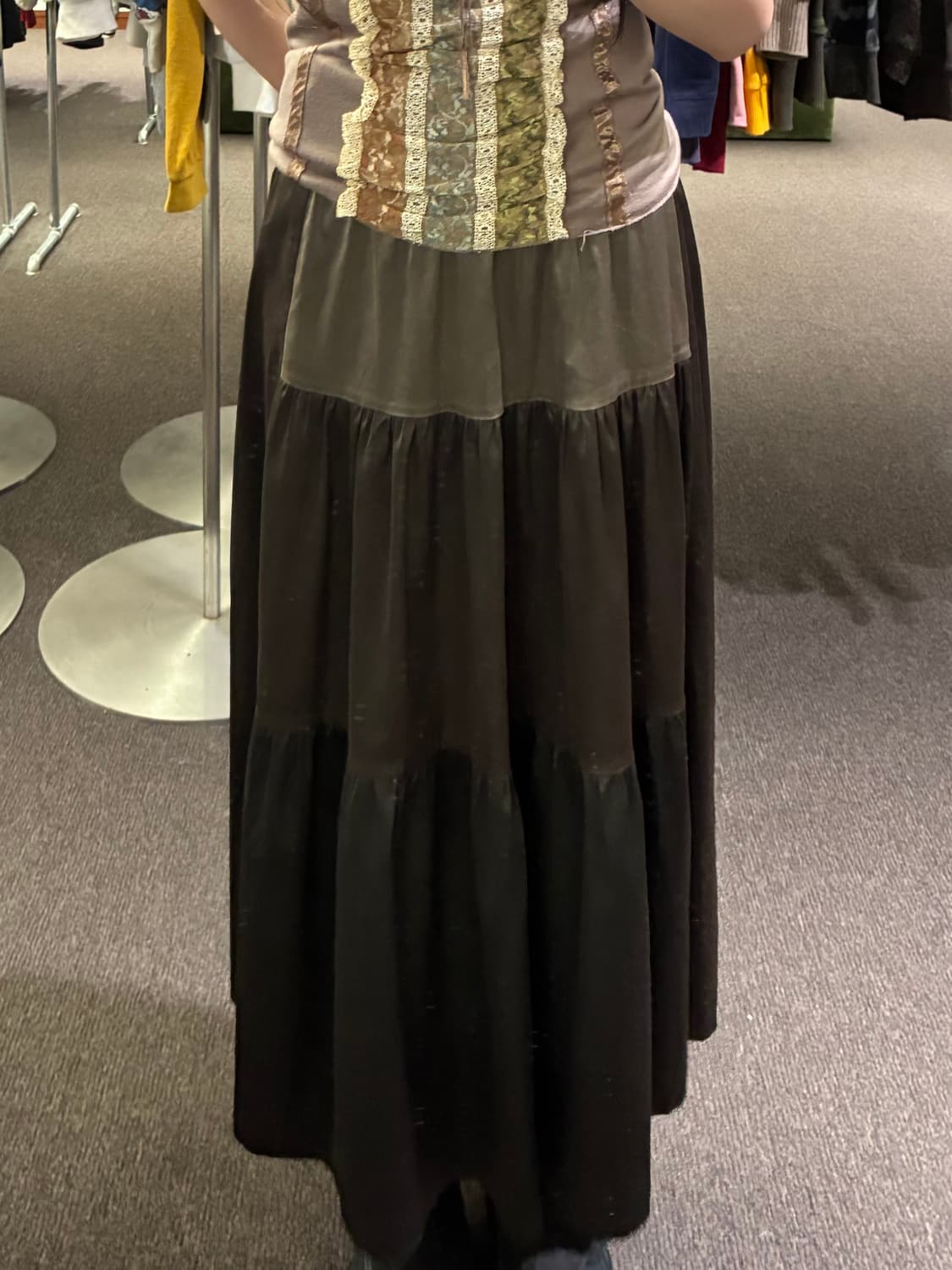 OS)Japanese vintage 브라운 새틴배색 플레어 스커트 상품이미지1