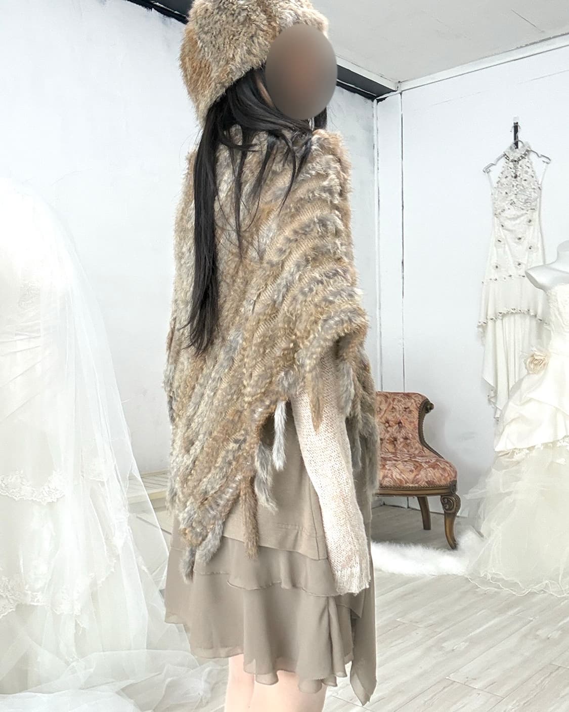 Mix brown rabbit fur cape 상품이미지3