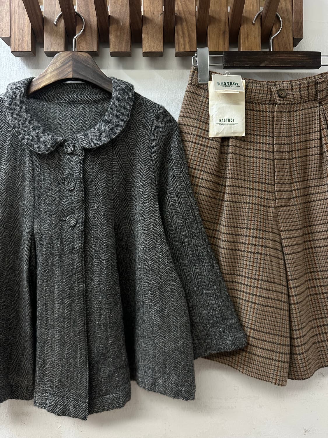 일본빈티지 울100% 헤링본 사와코 둥근카라 케이프 플레어 코트 상품이미지5