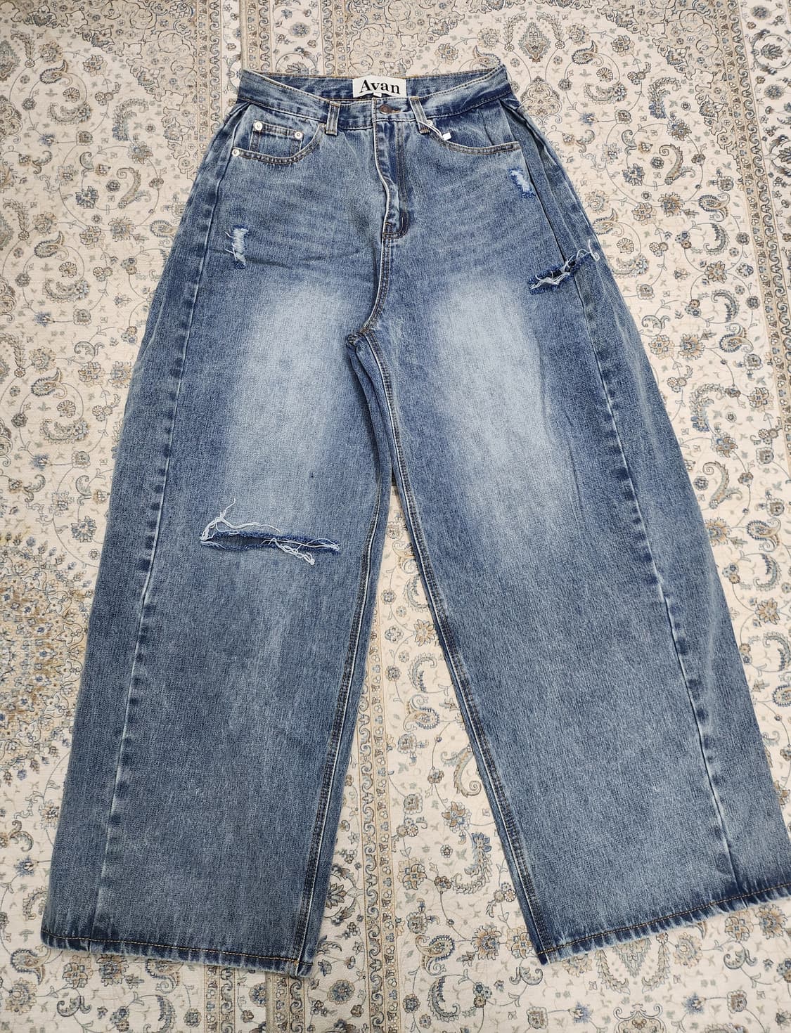 (새상품) Avan 드레스 데미지 워싱 와이드 데님 팬츠 (26-29) 상품이미지1
