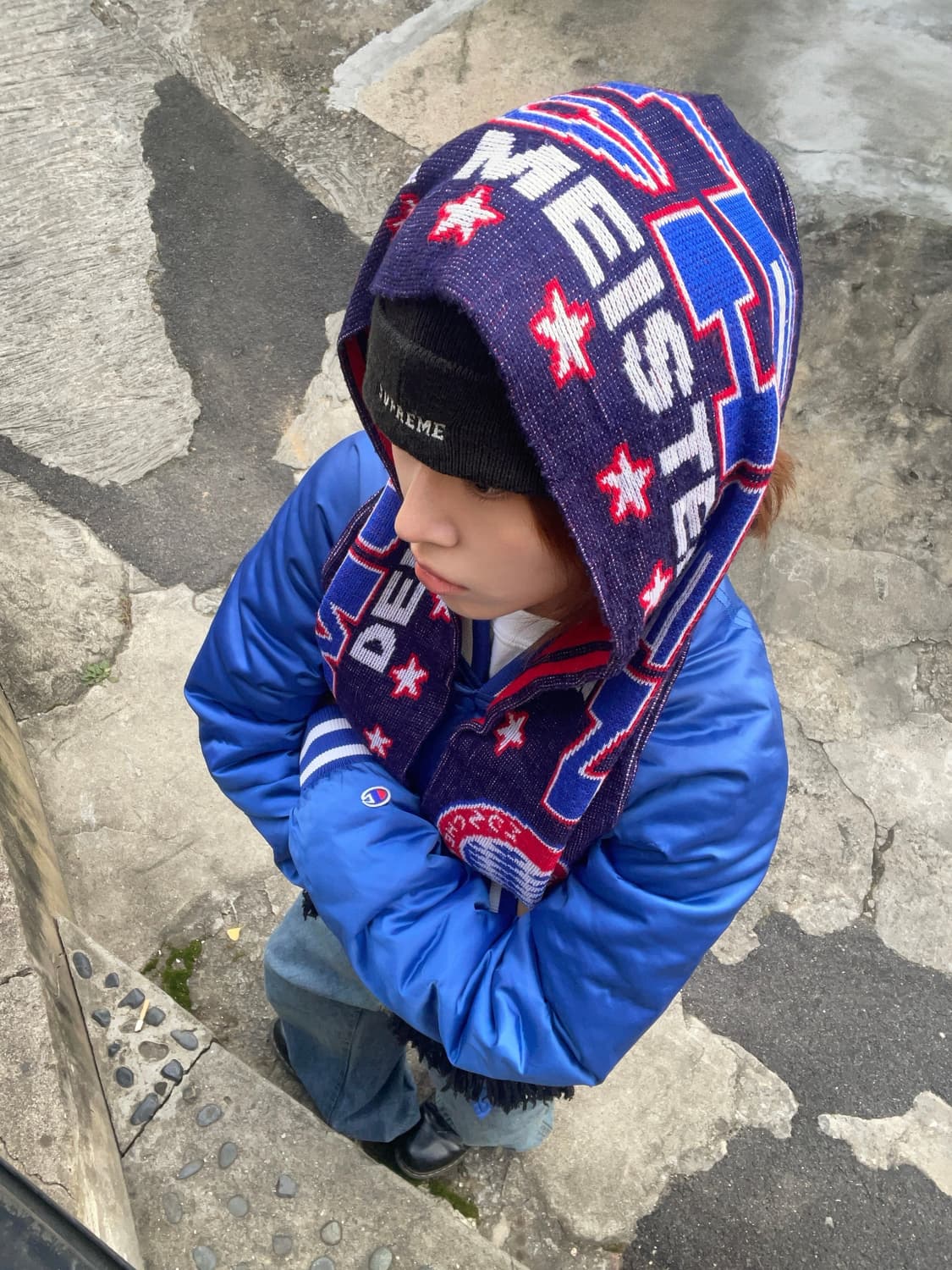 챔피온 블루 화이트 새틴 자켓 올드스쿨 스트릿 코디 세트 상품이미지2