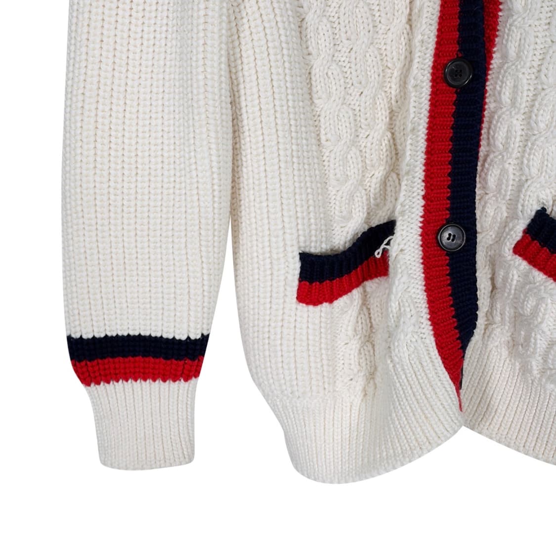 [38] 미우미우 여성 헤비 울 케이블 로고 패치 삼선 라인 니트 가디건 상품이미지6