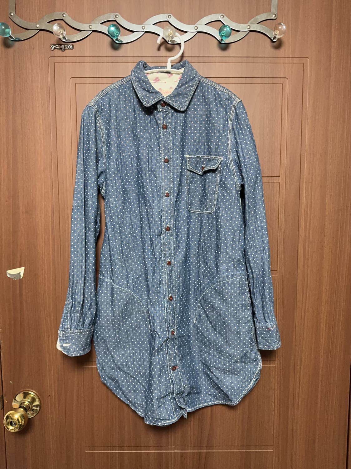 모리걸 하구미 일본 빈티지 데님 도트 주머니 둥근카라 홍콩깔 셔츠 상품이미지1