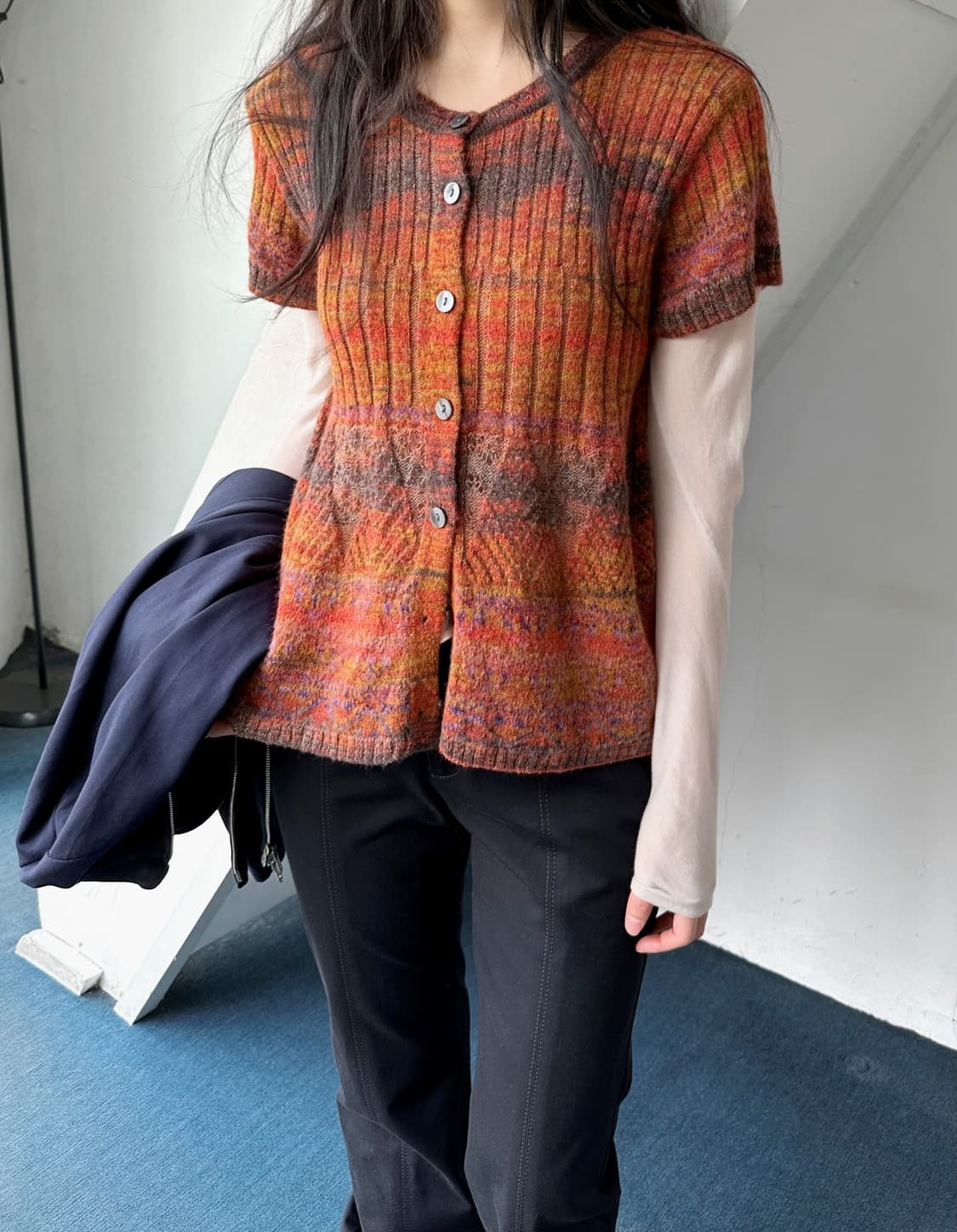 Mohair blend panel knit cardigan top 상품이미지7