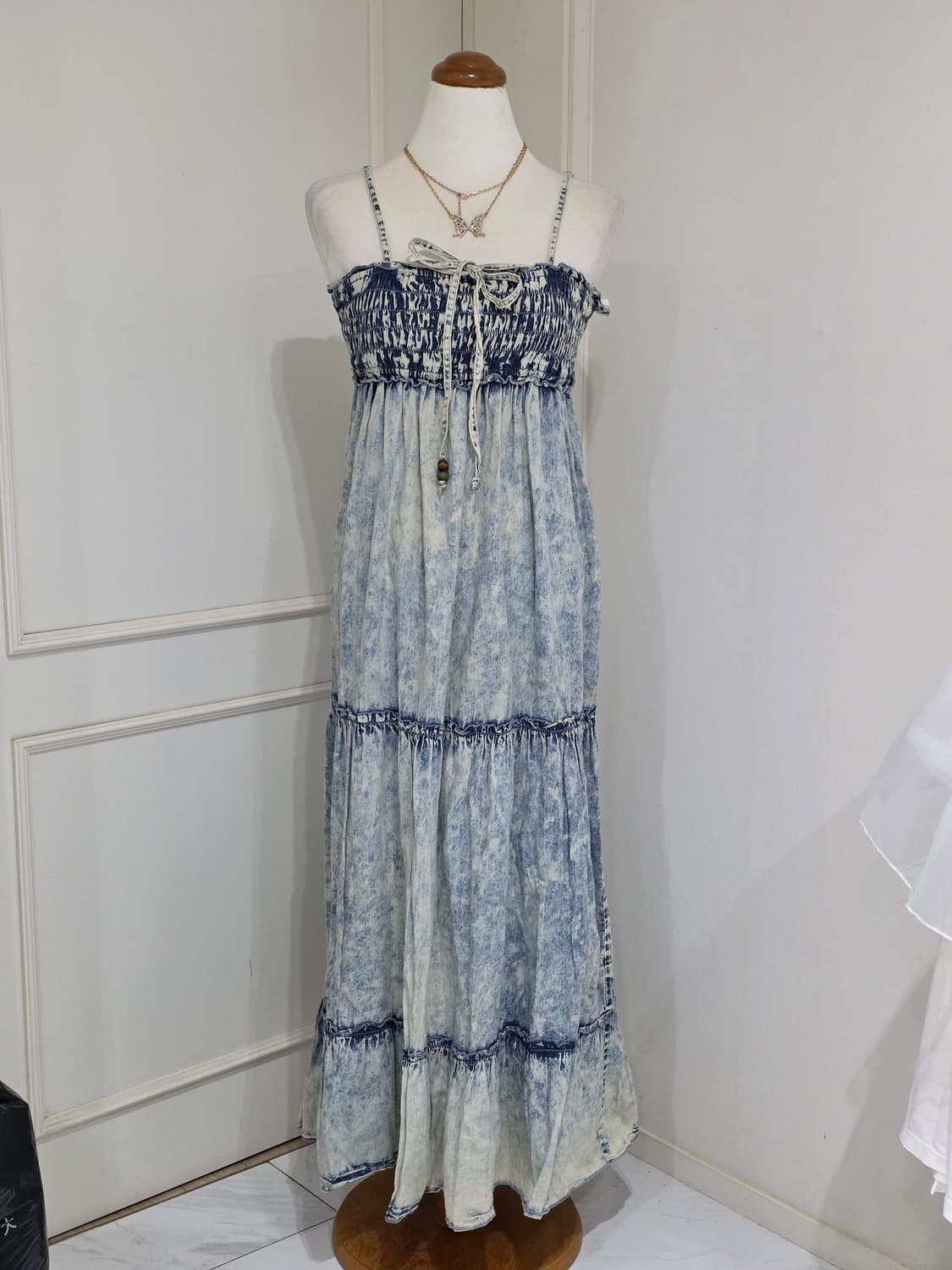 일본빈티지)워싱 청데님st 하구미모리걸 로맨틱 패치워크 아일렛 끈원피스 상품이미지1