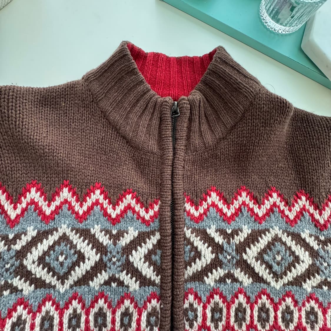 빈티지패턴 브라운 레드그레이 노르딕패턴 집업 가디건 L 상품이미지7