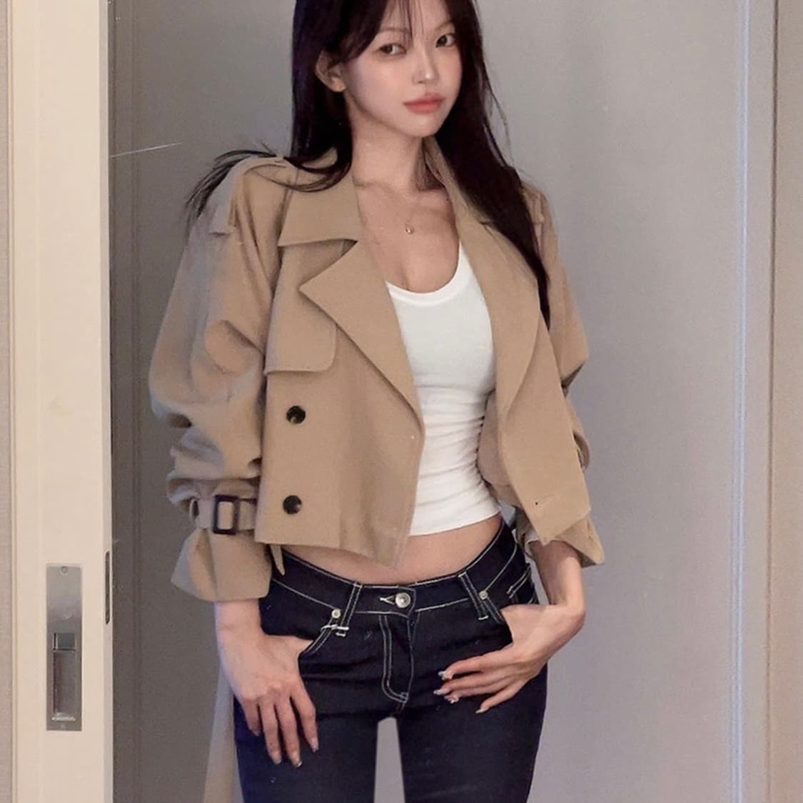히프나틱 프리미엄 더블 숏 트렌치코트 베이지 상품이미지2