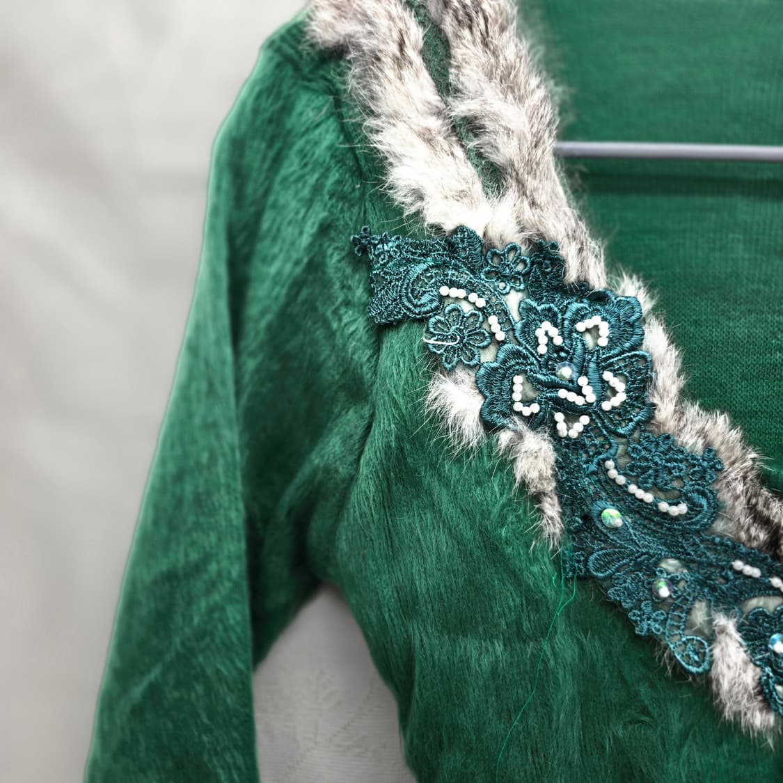 fox 그린 퍼 장식 긴팔 니트 Y2K 일본빈티지 상품이미지3