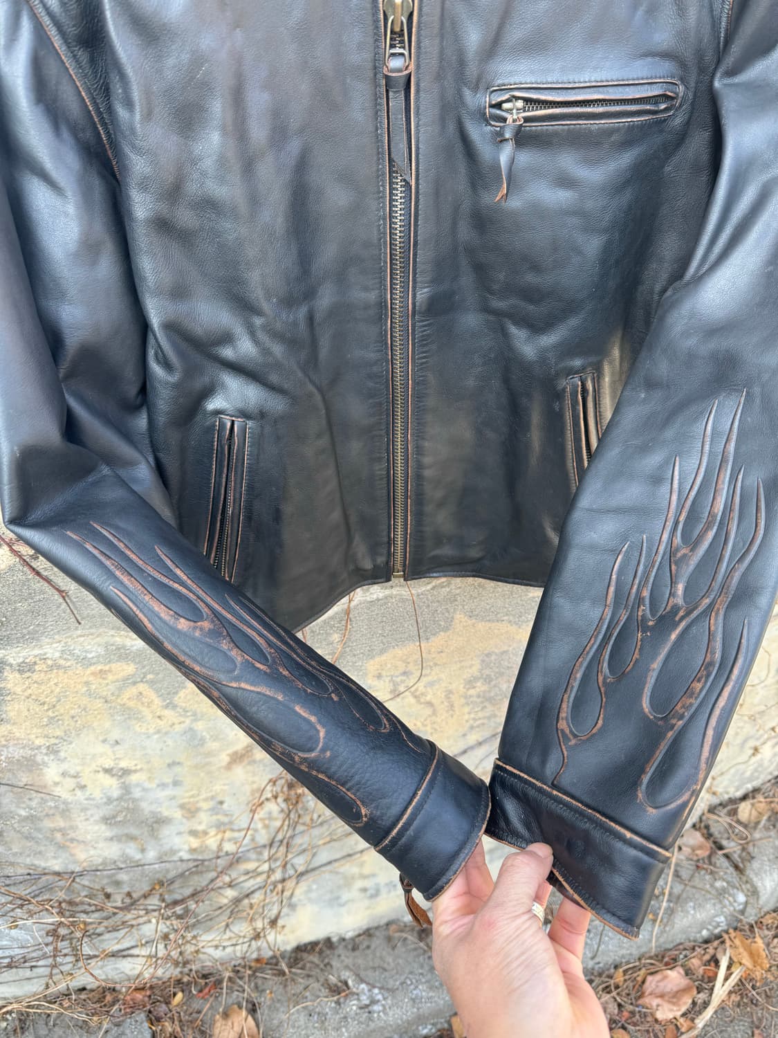 80~90s 윈드아머 입체 플레임 문양 빈티지 소가죽 싱글라이더 자켓 상품이미지5