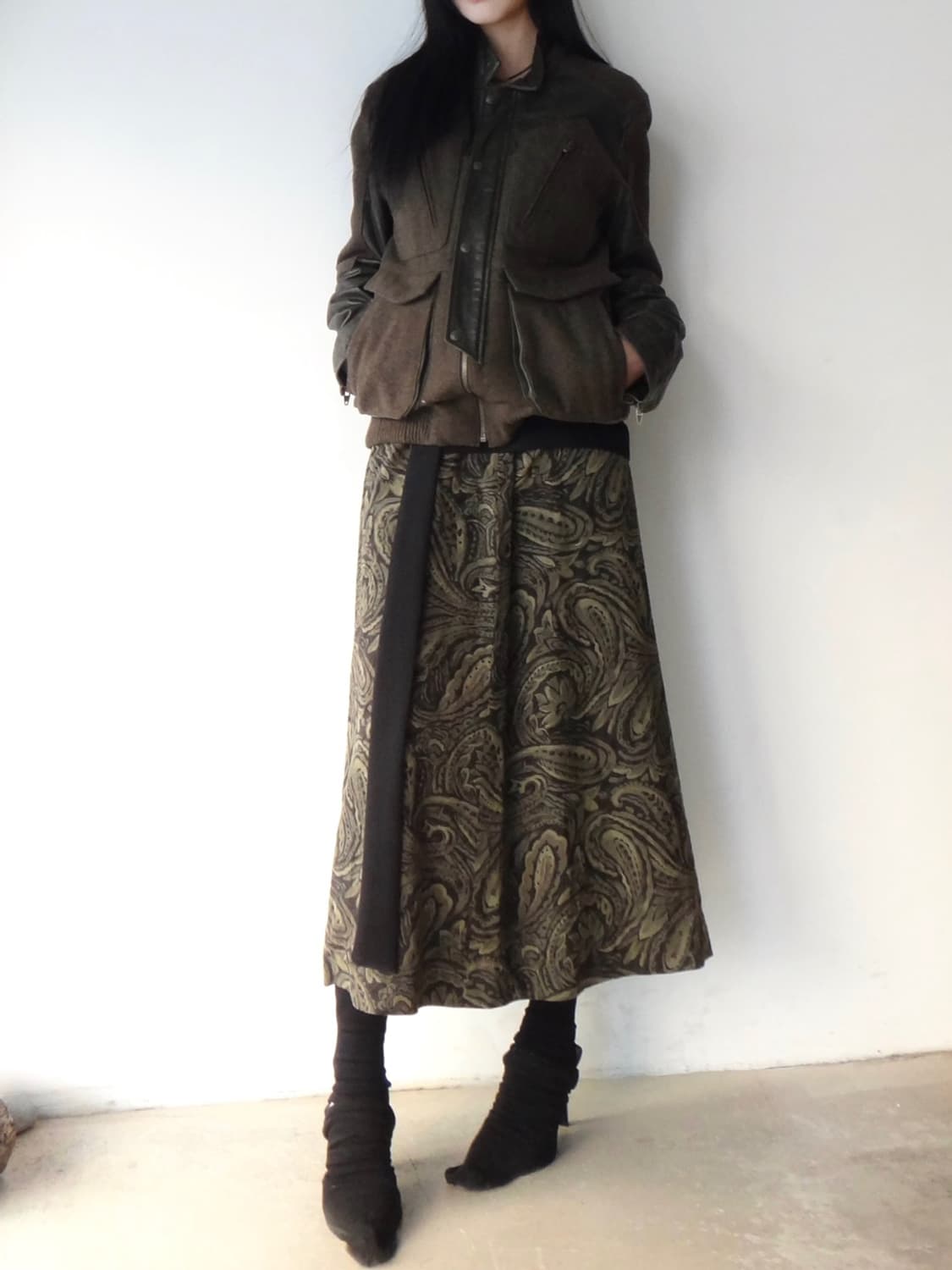 Nature pattern flare long skirt / khaki 상품이미지7