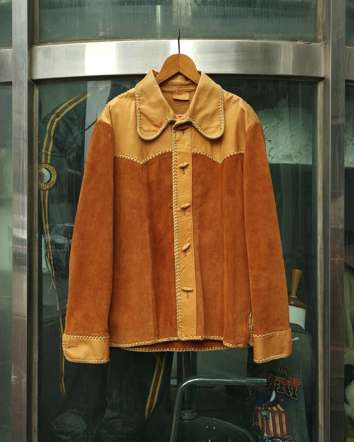 70‘s 핸드크래프트 히피 투톤 레더 셔츠 자켓 상품이미지1