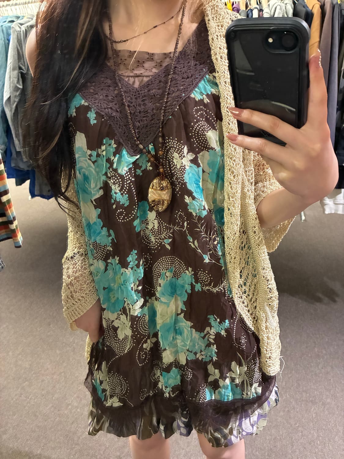 OS)Japanese vintage 여성 꽃무늬 시스루 슬리브리스 상품이미지2