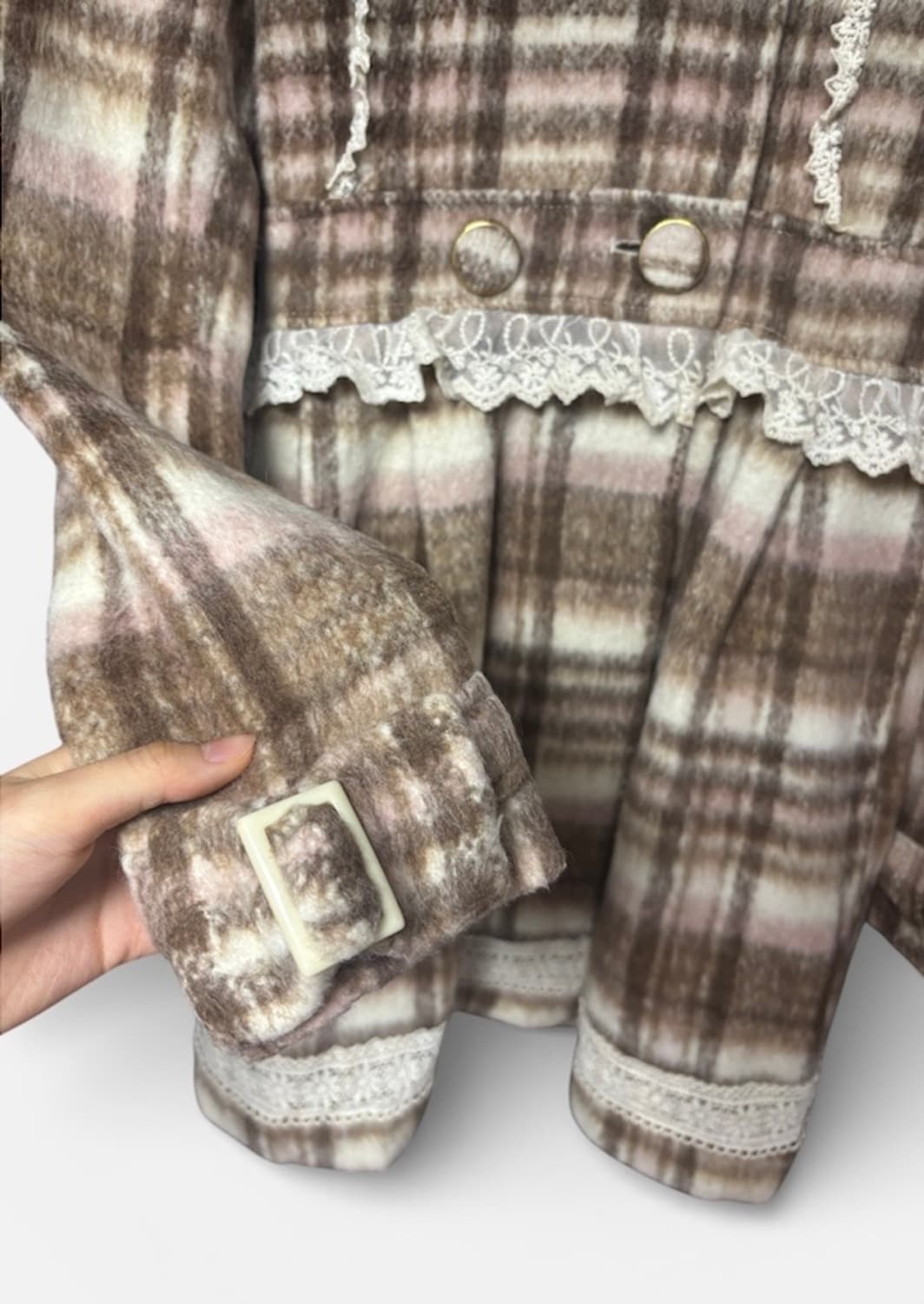 제시)고전 대대장 리즈리사 백리본 퍼카라 딸기화이트초코 체크 코트 핀터깔 상품이미지4